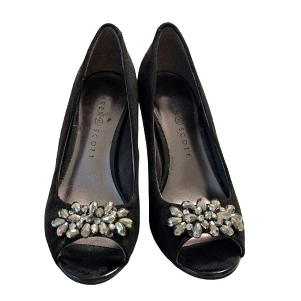 Karen Scott Maralyn Rhinestone Peep‎ Toe Kitten Heel Black Womens 6